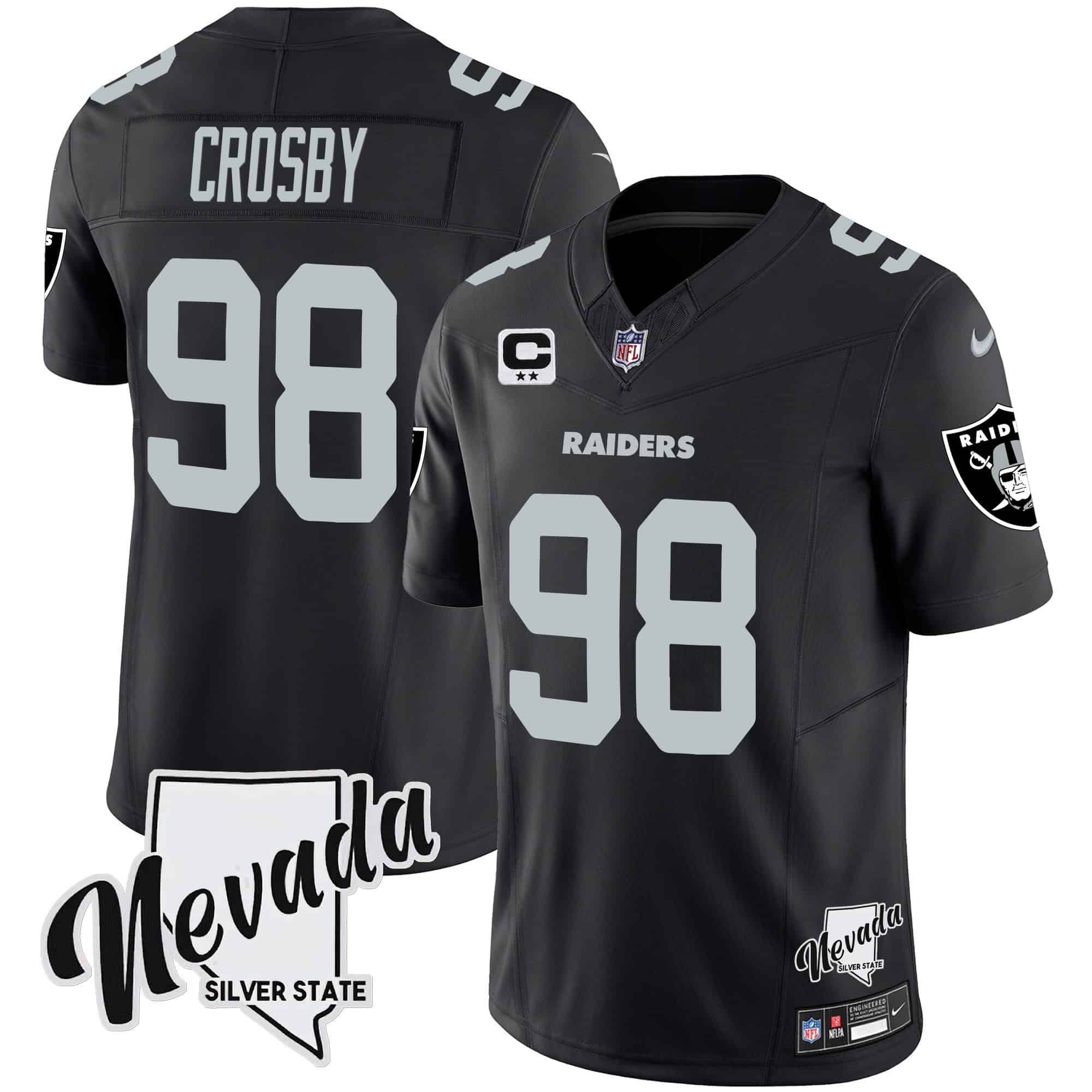 Men Oakland Raiders #98 Crosby Black 2024 Nike Nevada Silver State Patch Vapor NFL Jersey style 1